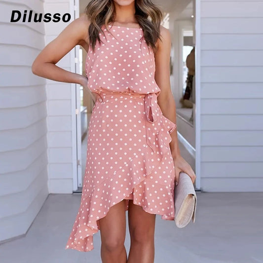 2020 Summer Polka Dot Ruffle Split Mini Dress #D3
