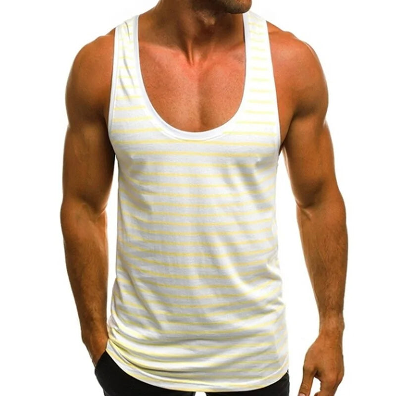 2020 Men's Striped Sleeveless O Neck Tank Tops for Summer Beach and Holidays