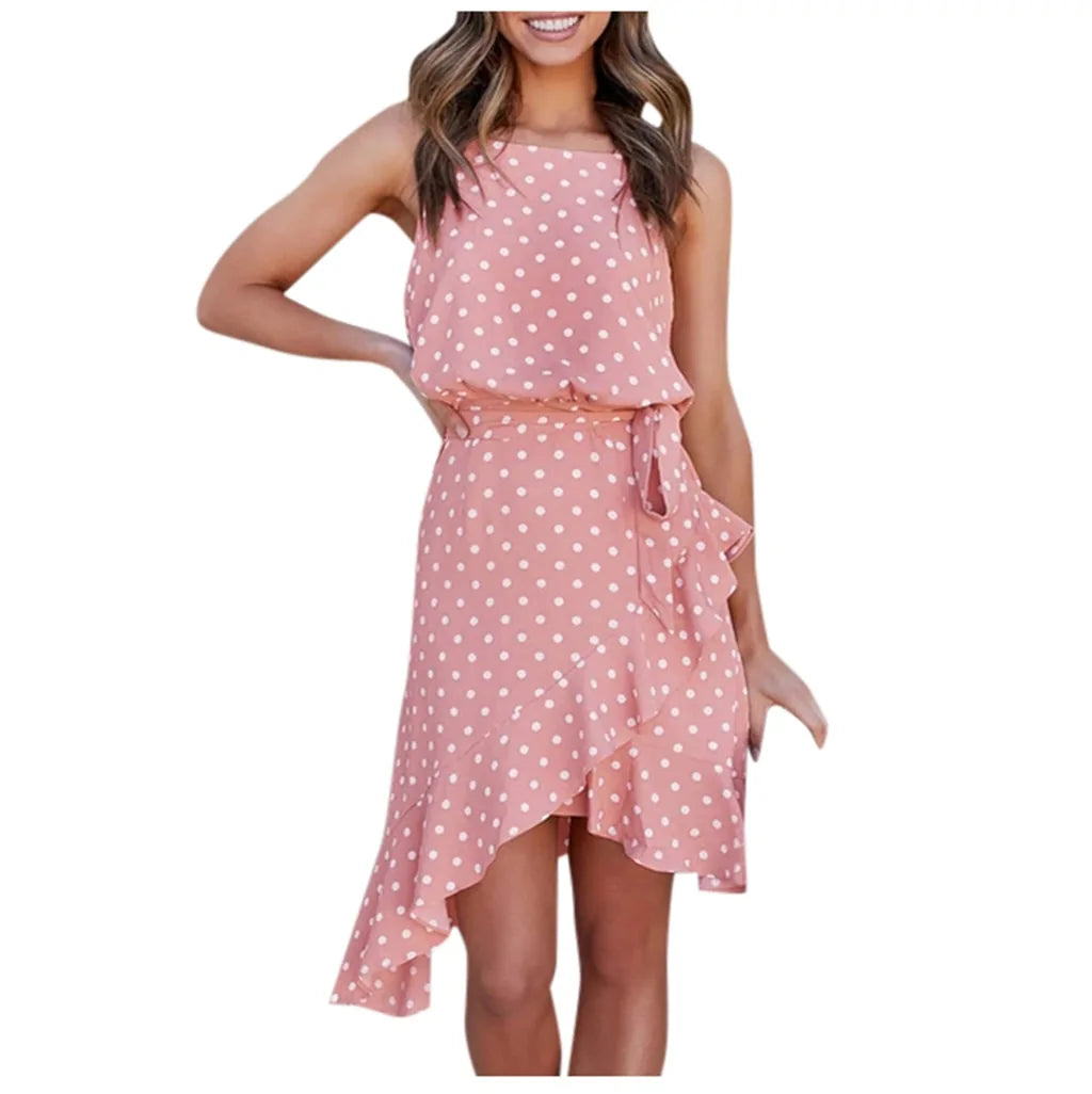 2020 Summer Polka Dot Ruffle Split Mini Dress #D3